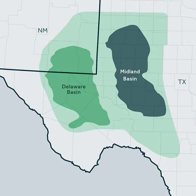 Map highlighting the Permian Basin region across New Mexico and Texas, with the Delaware Basin and Midland Basin labeled.